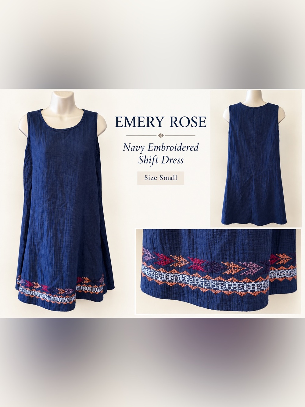 Emery Rose Navy Embroidered Sleeveless Shift Dress Small Boho